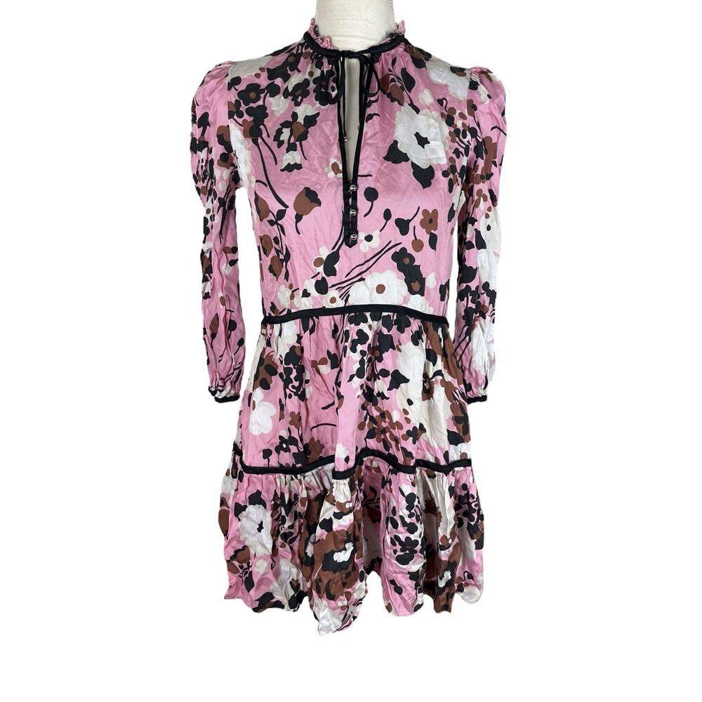 Veronica Beard Hawken Floral Mini Dress Pink Puff Sleeve Tiered Silk Blend Sz 2 - Picture 2 of 7